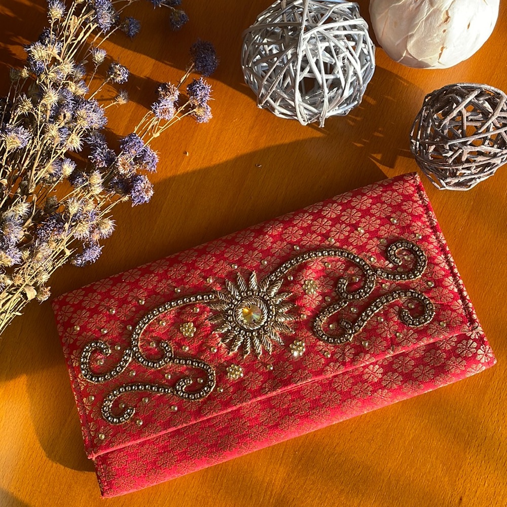 Red brocade envelope clutch with zardozi embroidery - Picture 1 of 5